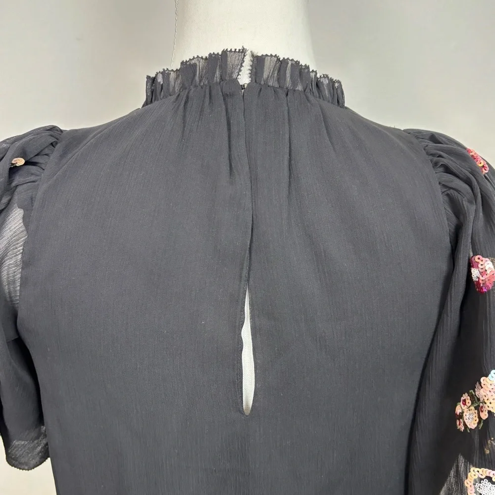 Kate Spade X Madison Avenue Top Womens XXS Black Sequin‎ Floral Blouse